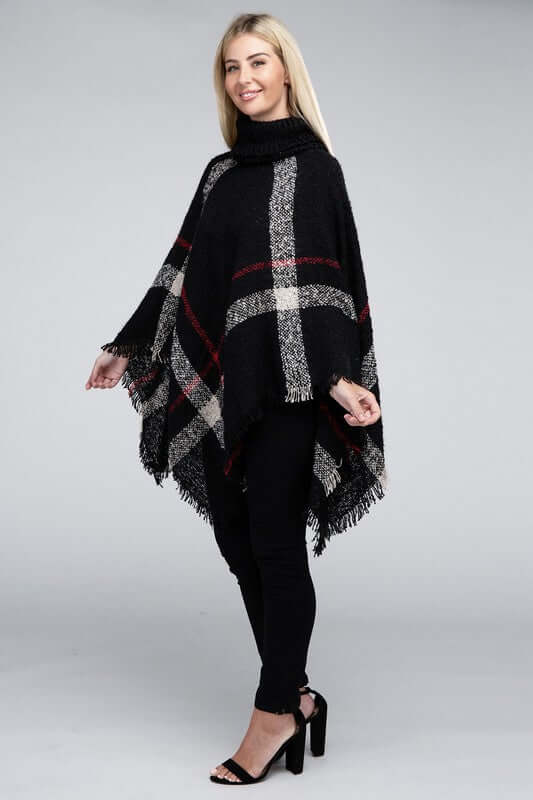 Ivory Black Turtleneck Plaid Knit Pancho, Nuvi Apparel, $ 45.95