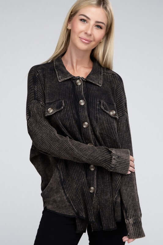 Shop Women's Acid Wash Oversized Cotton Waffle Shacket Jacket, Shackets, USA Boutique