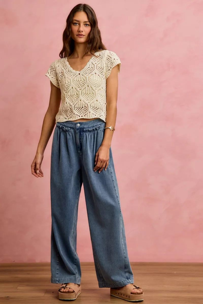 Mid Rise Ruffled Front Elastic Wide Leg Jeans | Boutique In USA, Jeans, $ 59.00, A Moment Of Now™