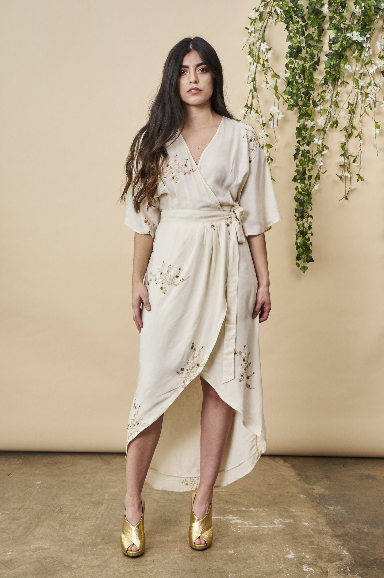Hand Beaded Cherry Blossom Maxi Wrap in Ivory + Antique Gold | Boutique In USA, Wedding Dress, $ 328.00, A Moment Of Now™
