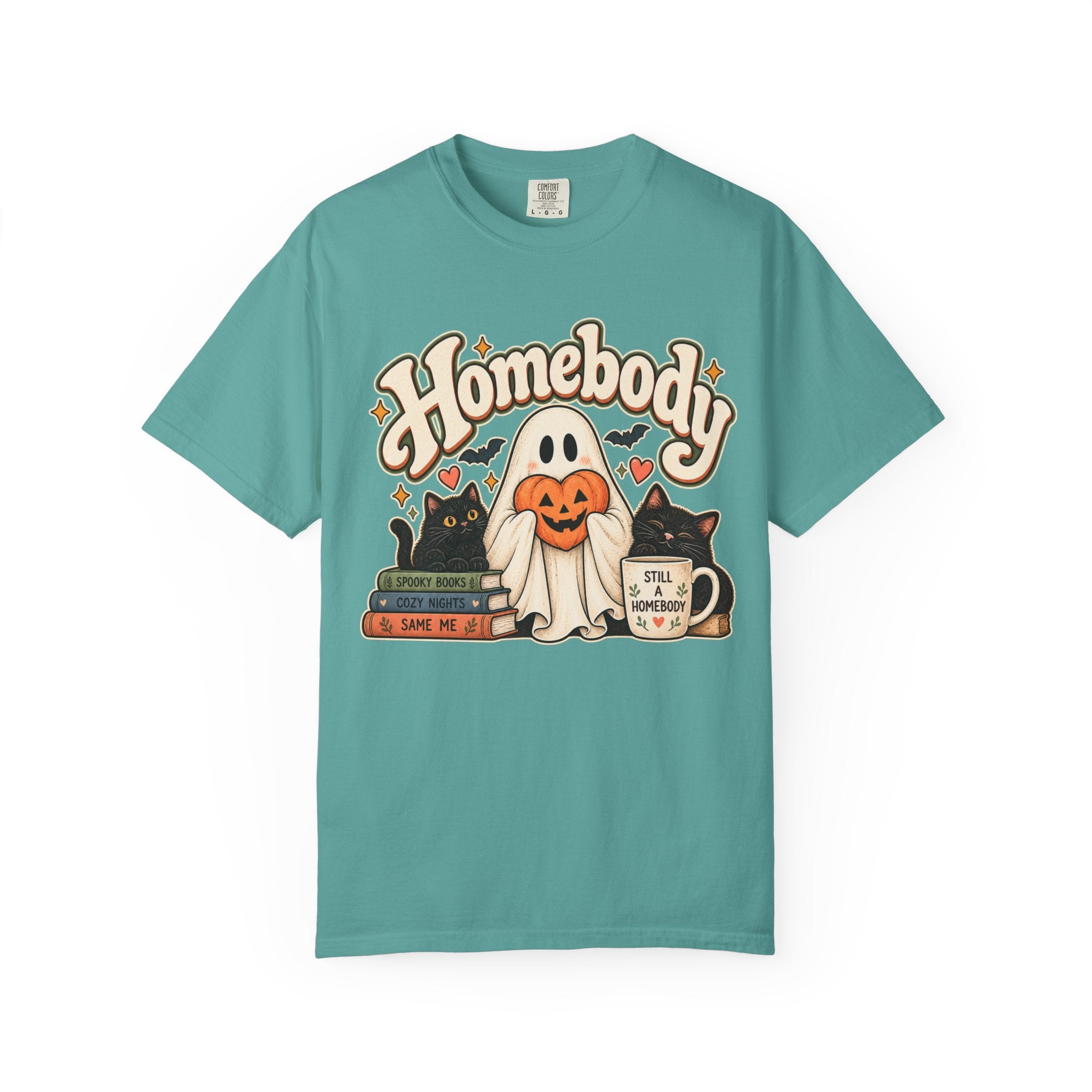 Homebody Halloween T-Shirt — Ghost, Cats & Pumpkin Comfort Colors® Tee