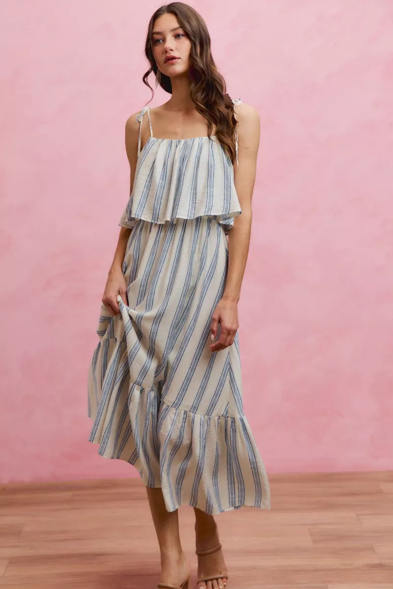 Stripe Tiered Shoulder Tie Midi Lined Dress | Boutique In USA, Dresses, $ 59.00, A Moment Of Now™