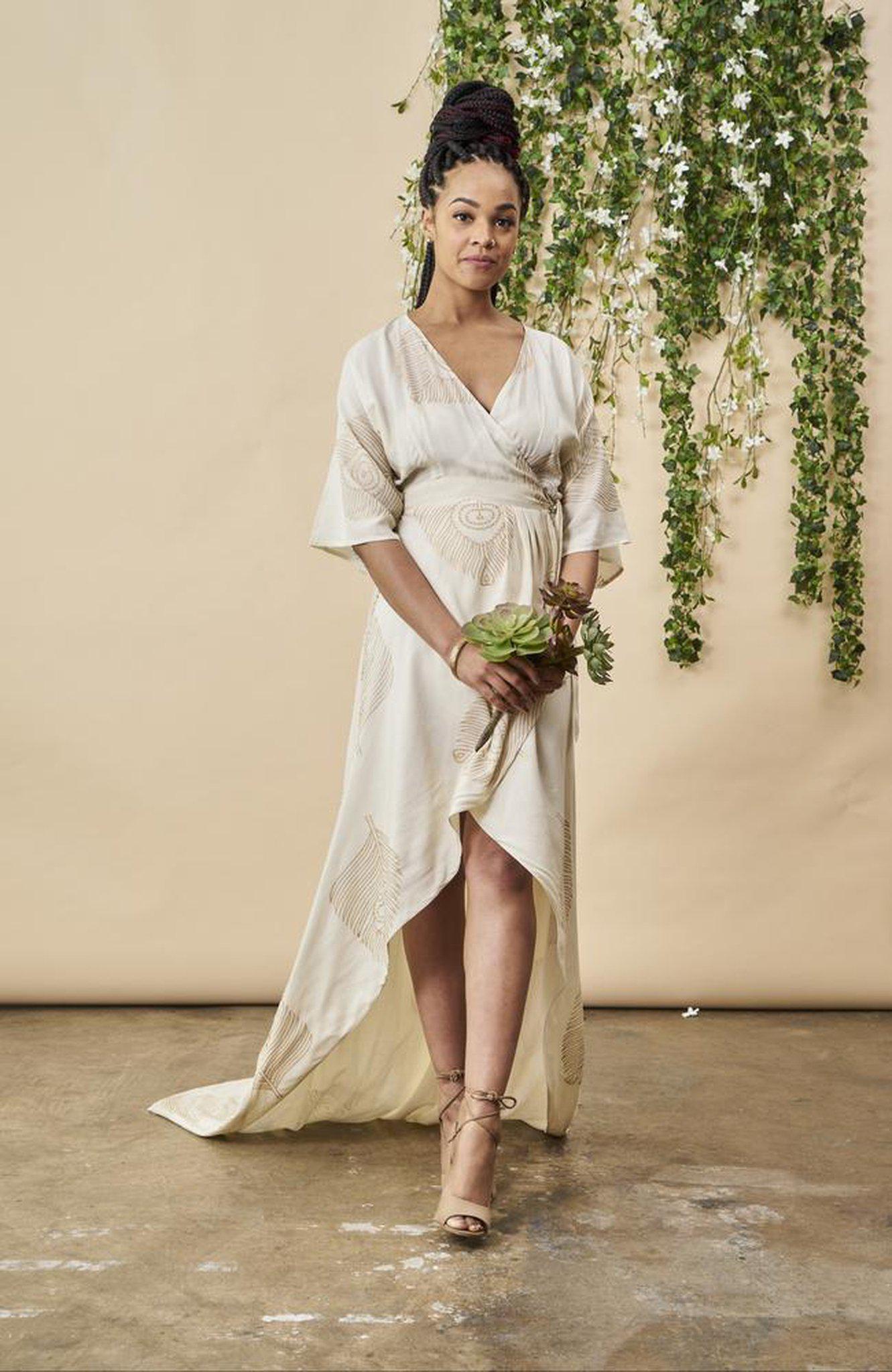Peacock Feather Maxi Wrap Dress W/ Train in Cream + Gold | Boutique In USA, Wedding Dress, $ 425.00, A Moment Of Now™