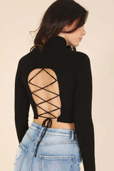 Mock Neck Lace-up Open Back Long Sleeve Top