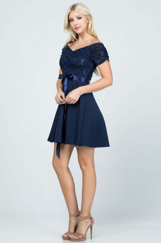 Navy Off The Shoulder Mini Dress with Lace Sleeves, Dresses, $ 65.00, A Moment Of Now™