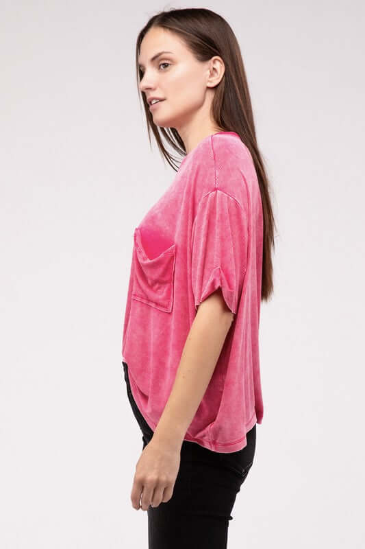 Washed Ribbed Cuffed Short Sleeve Round Neck Top, ZENANA, $ 32.95