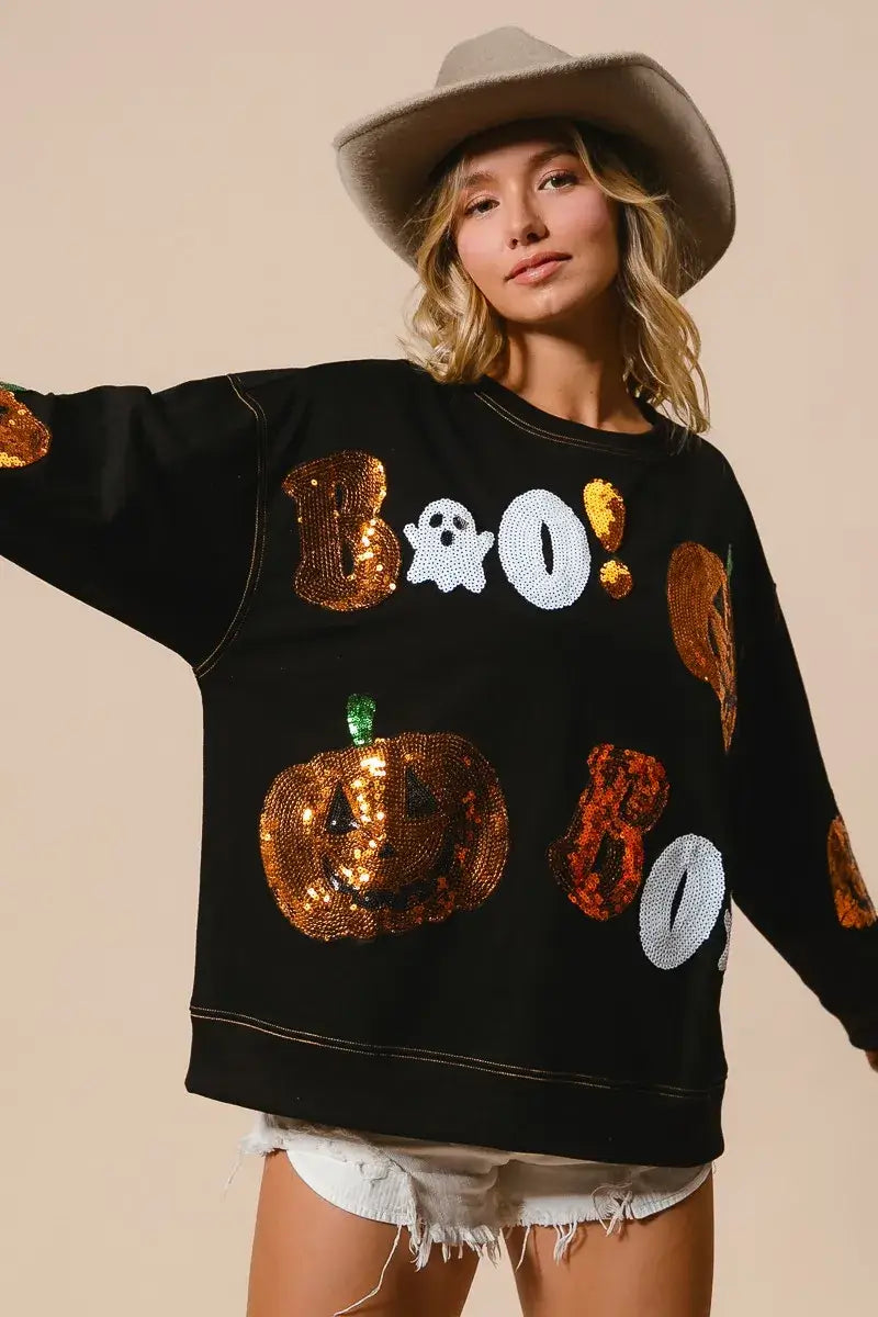 Black Halloween Sequin Embroidery Sweatshirt, Sweatshirts, $ 62.00, A Moment Of Now™