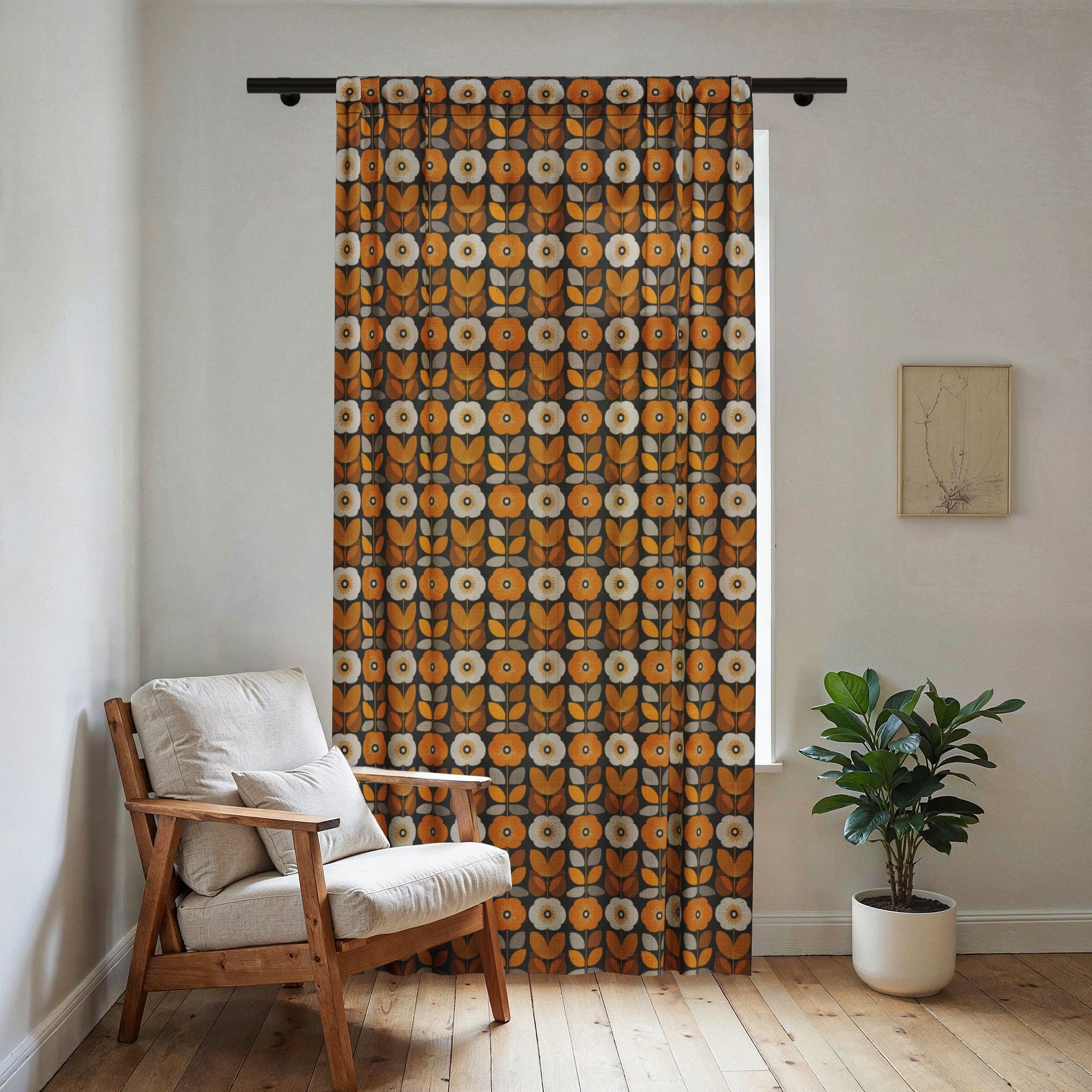 Retro Floral Sheer Curtain — Mid-Century Orange Tulip Window Panel