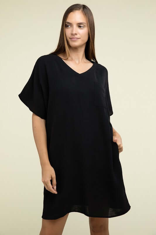 Causal Woven Airflow V Neck T-Shirt Dress with Pockets, ZENANA, A Moment Of Now