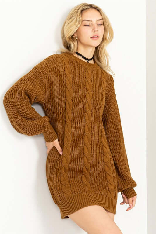 Brown / Black / Cream Cable-Knit Ribbed Mini Sweater Dress, HYFVE, $ 56.95