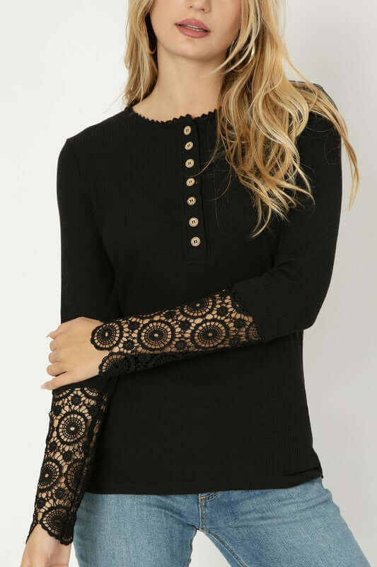 Henley Neck Tee T-shirt with Lace Trim