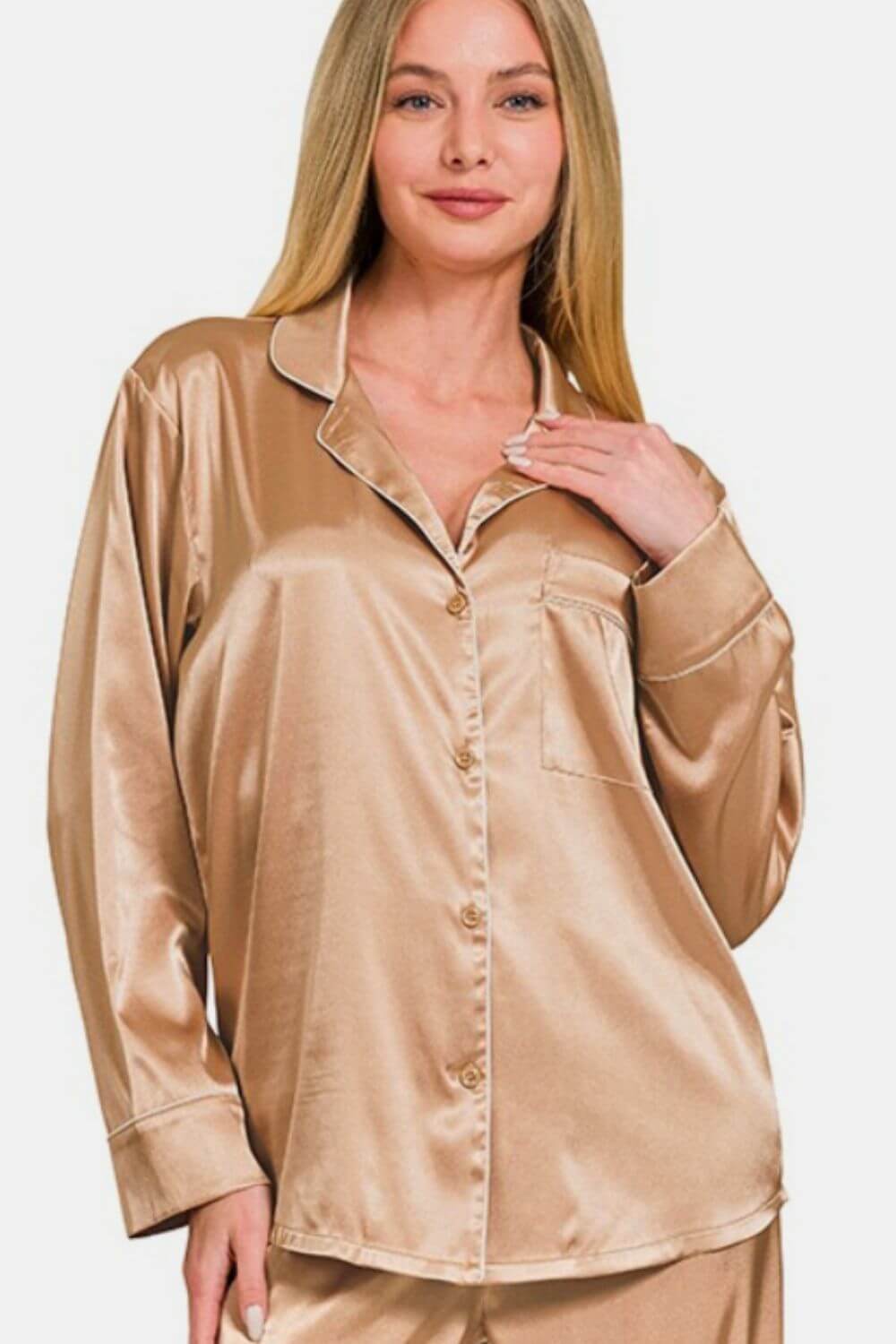 Women's Brush Satin Long Sleeve Shirt and Pants Pajama Set Loungewear, Zenana, $ 55.00