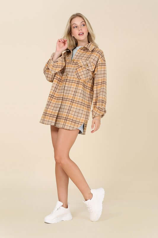 Brown Plaid Shacket with Pockets