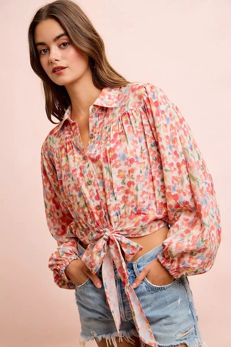 Floral Print Tie Hem Detail Crop Shirt | Boutique In USA, Shirts, $ 59.00, A Moment Of Now™