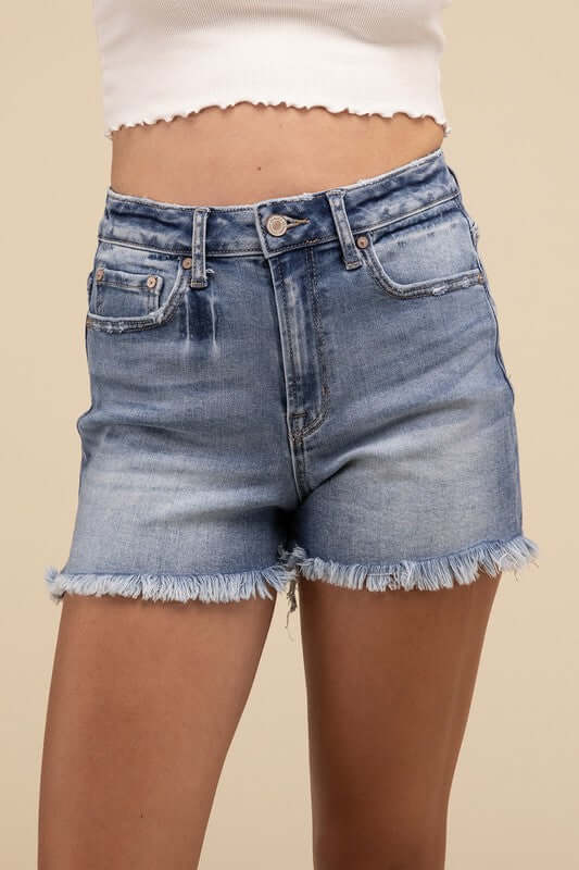 Medium Stone Wash Blue Mid Rise Raw Frayed Hem Denim Shorts, ZENANA, $ 45.00