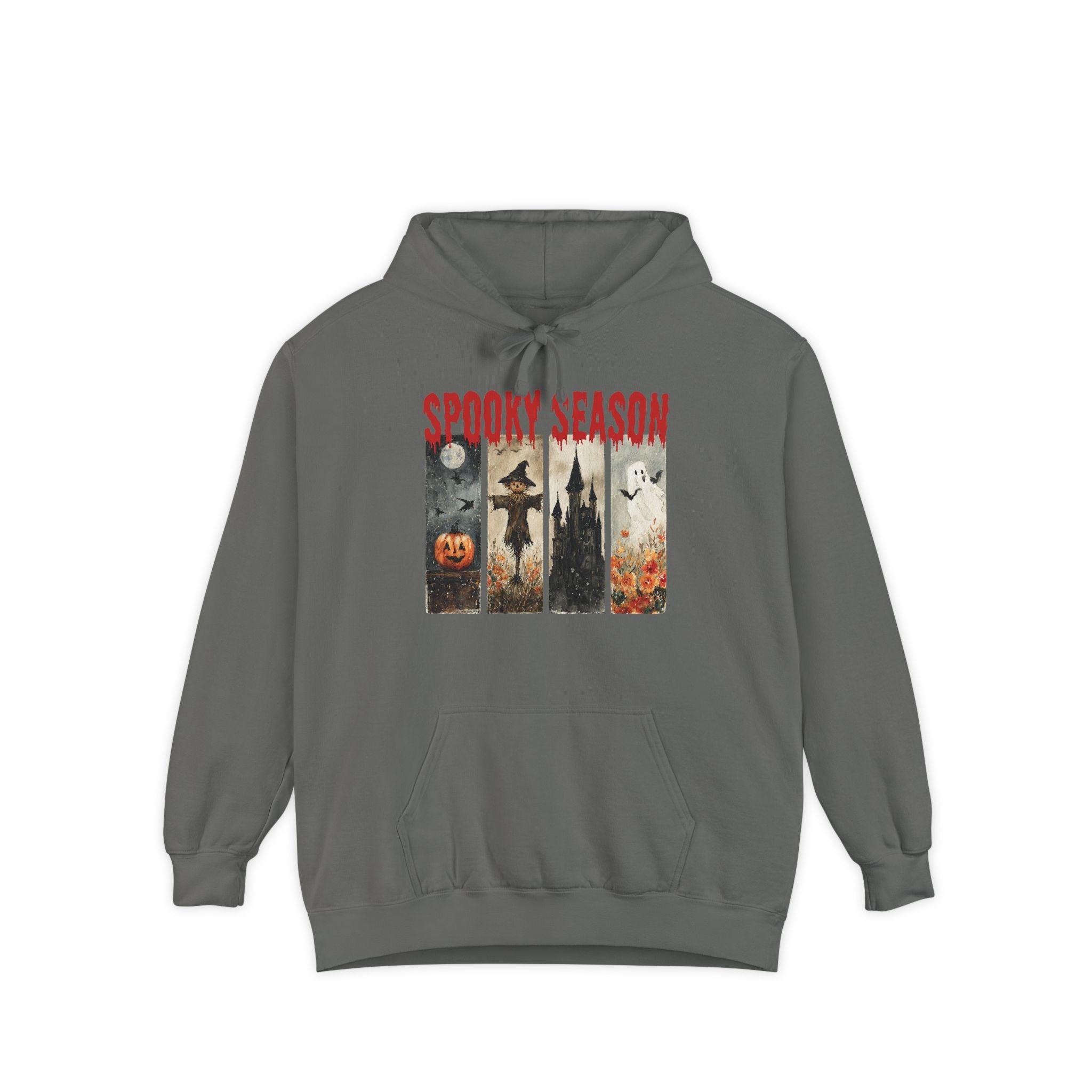 Spooky Season Halloween hoodie with vintage pumpkin, witch and ghost graphic — product mockup