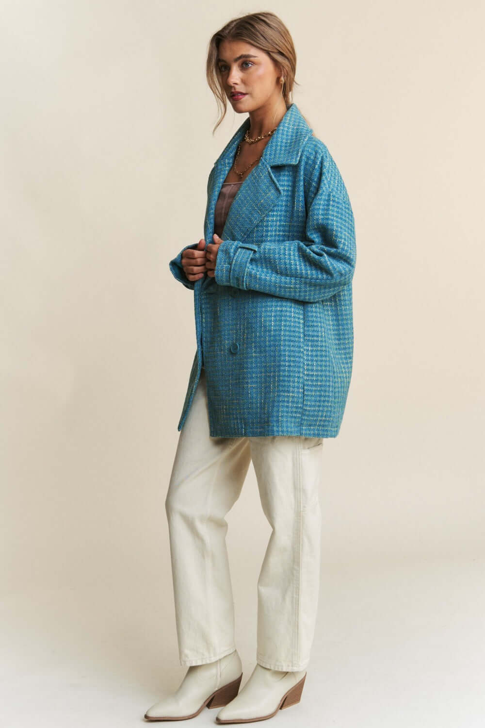 Emerald Sea Teal Tweed Double-Breasted Coat for Elegance, Coats, $ 69.00, A Moment Of Now™