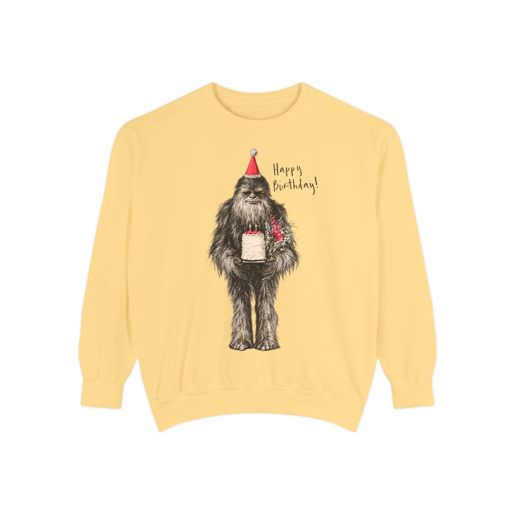 Birthday Bigfoot Sweatshirt — Funny Sasquatch with Cake