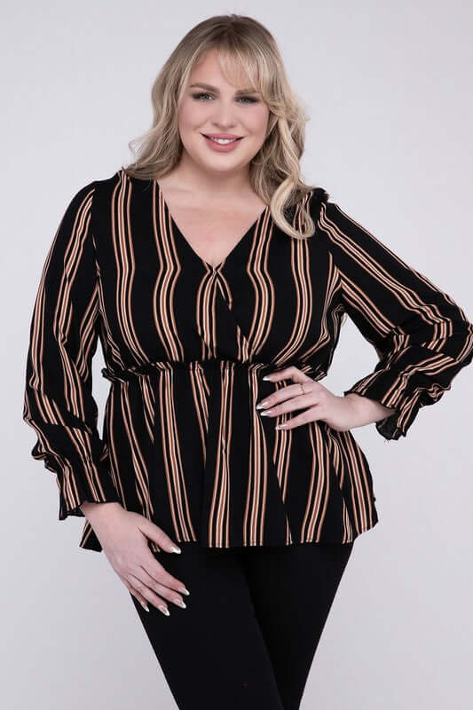 Plus Size Striped Long Flounce Sleeve Top With Ruffled Hem, Nuvi Apparel, $ 35.95