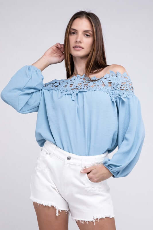 Sky Blue Lace Patchwork off-Shoulder Blouse, Nuvi Apparel, $ 38.70