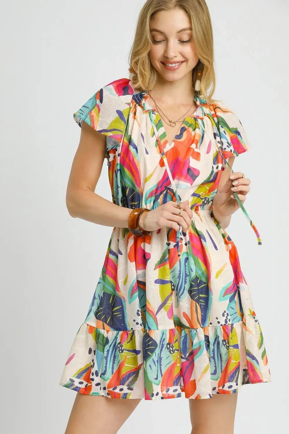 Colorful Printed Tie Neck Ruffled Mini Dress, Dresses, $ 55.00, A Moment Of Now™