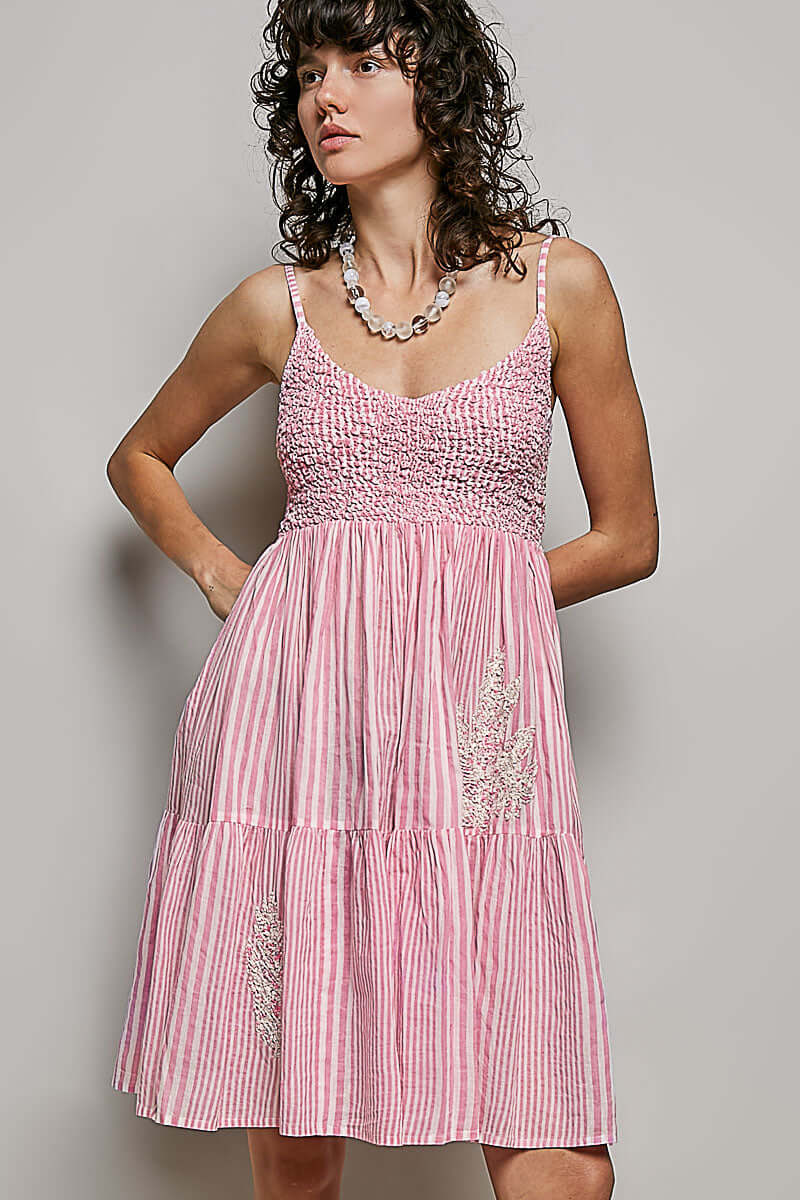 Pink Striped Smocked Embroidered Mini Dress | Boho Fashion Clothing, Dresses, $ 60.00, A Moment Of Now™