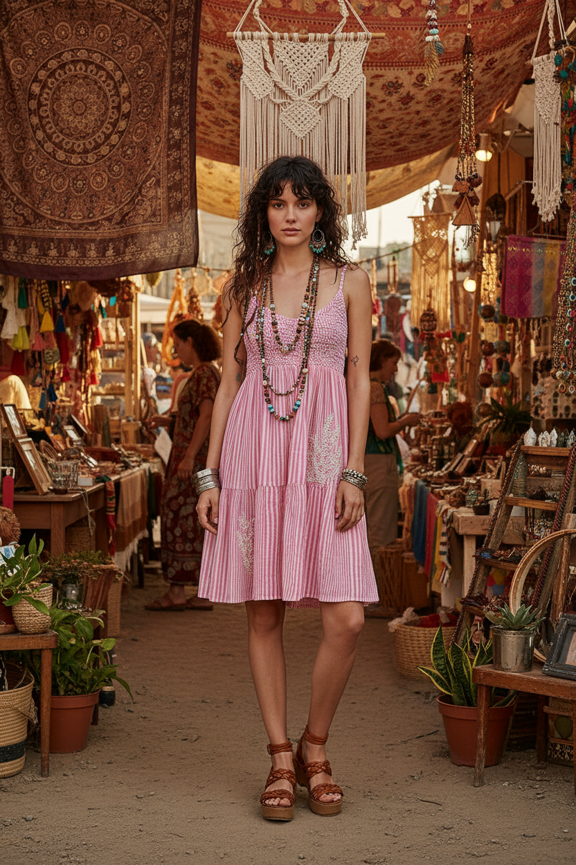 Pink Striped Smocked Embroidered Mini Dress | Boho Fashion Clothing, Dresses, $ 60.00, A Moment Of Now™