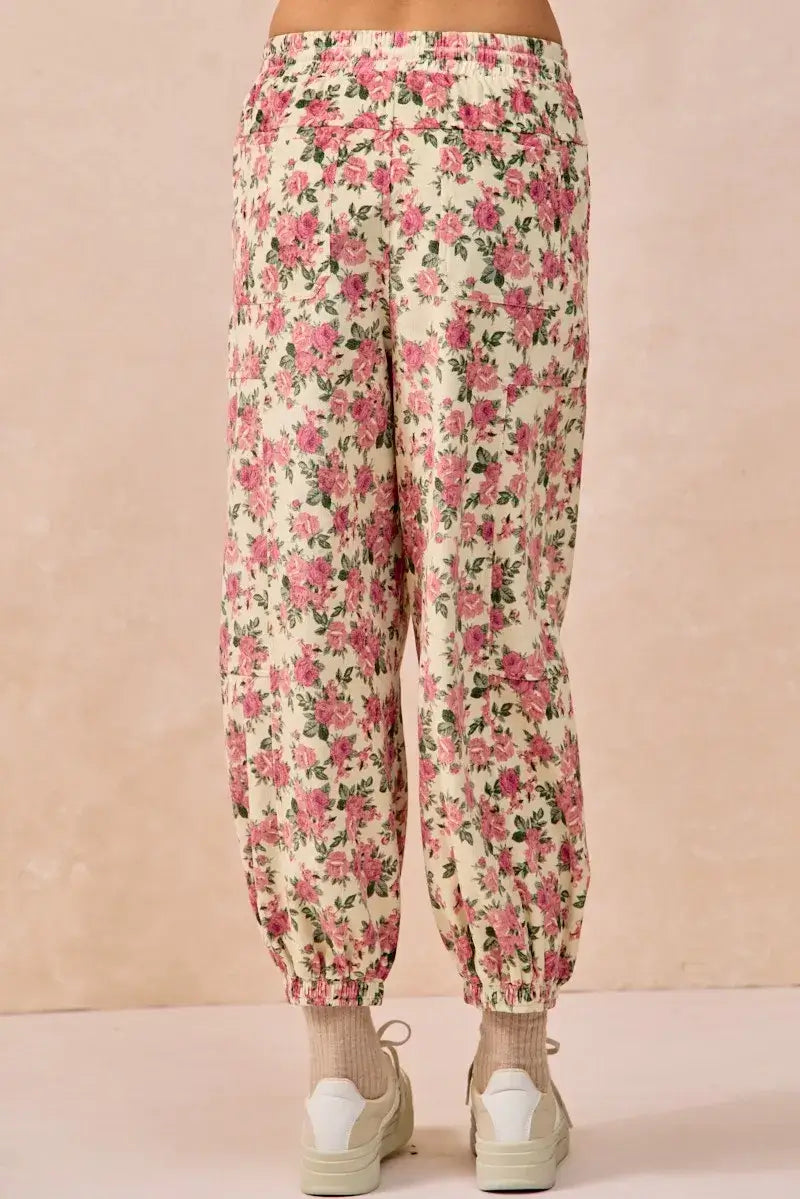 Cream Pink Floral Printed Twill Drawstring Pants | Online Boutique USA, Pants, $ 57.00, A Moment Of Now™
