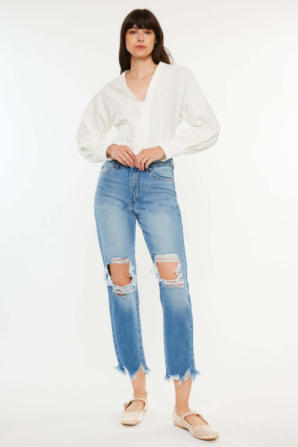 Medium Blue Distressed Frayed Hem Cropped Jeans, Kancan, A Moment Of Now