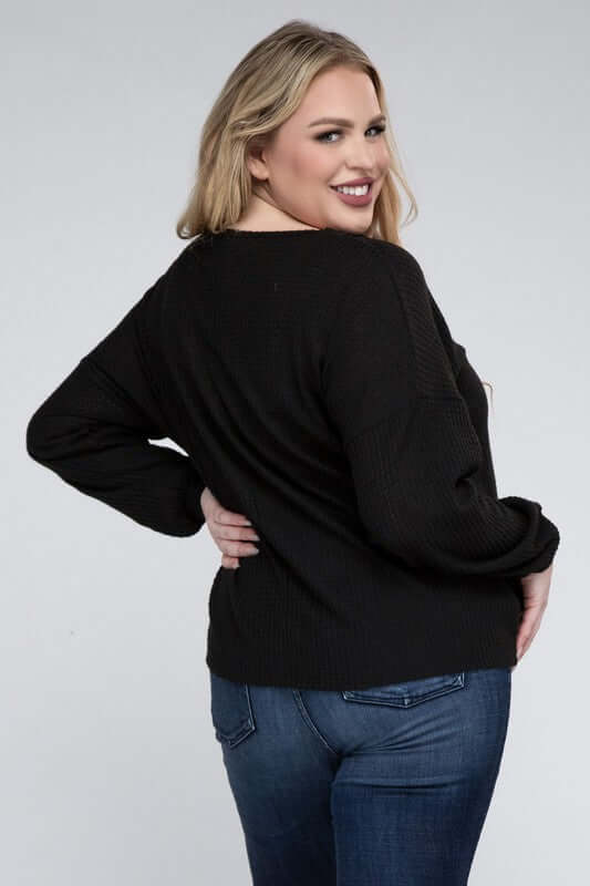 Plus Brushed Waffle V-Neck Button Detail Sweater, ZENANA, $ 28.00