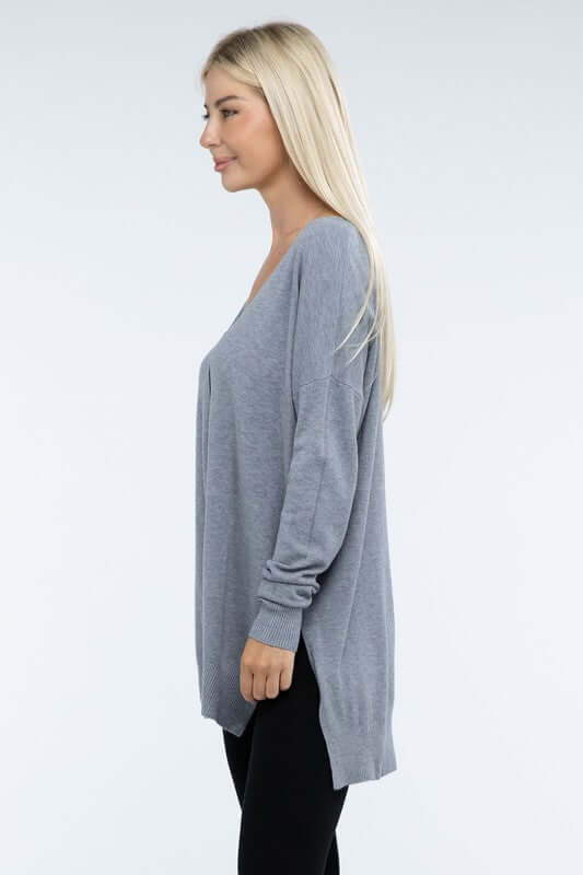 Women's Hi-Low Hem V Neck Front Seam Sweater | USA Boutique, ZENANA, $ 55.00