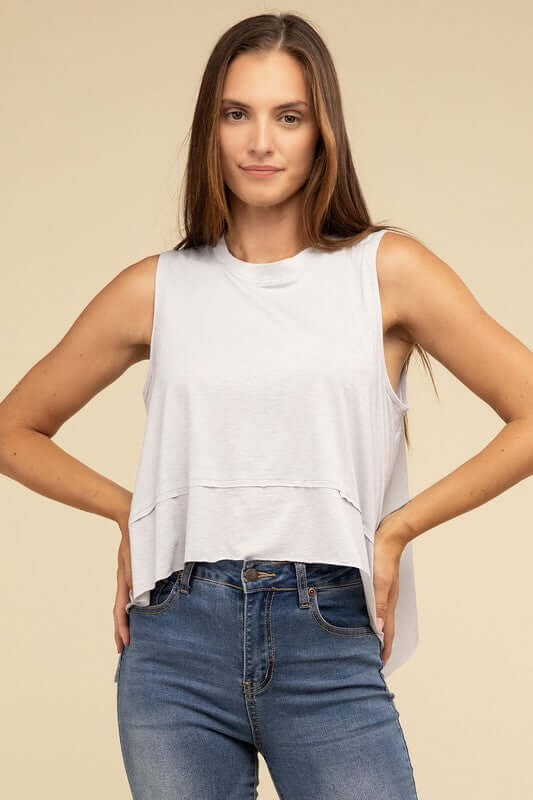 Women's Shark Bite Side Slit Short Sleeveless Top | USA Boutique, ZENANA, $ 25.95