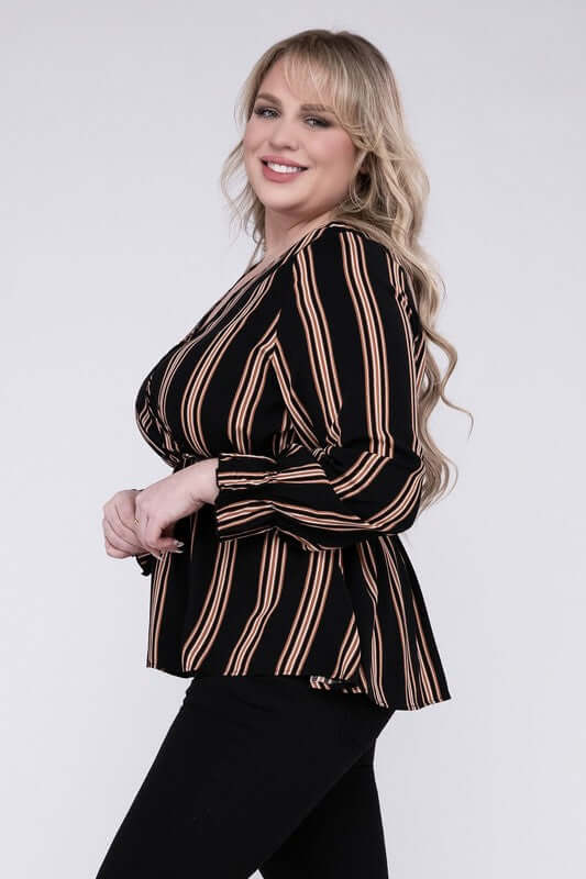 Plus Size Striped Long Flounce Sleeve Top With Ruffled Hem, Nuvi Apparel, $ 35.95