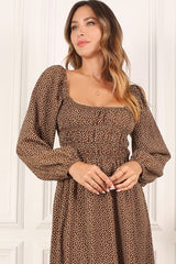 Shop Women's Brown Floral Square Neck Vintage Puff Dress | Boutique Online, Dresses, USA Boutique
