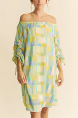 Blue Cream Off Shoulder Mini Dress - Summer Chic, Dresses, $ 55.00, A Moment Of Now™