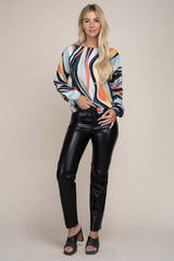 Color Block Boat Neck Bishop Sleeve Blouse