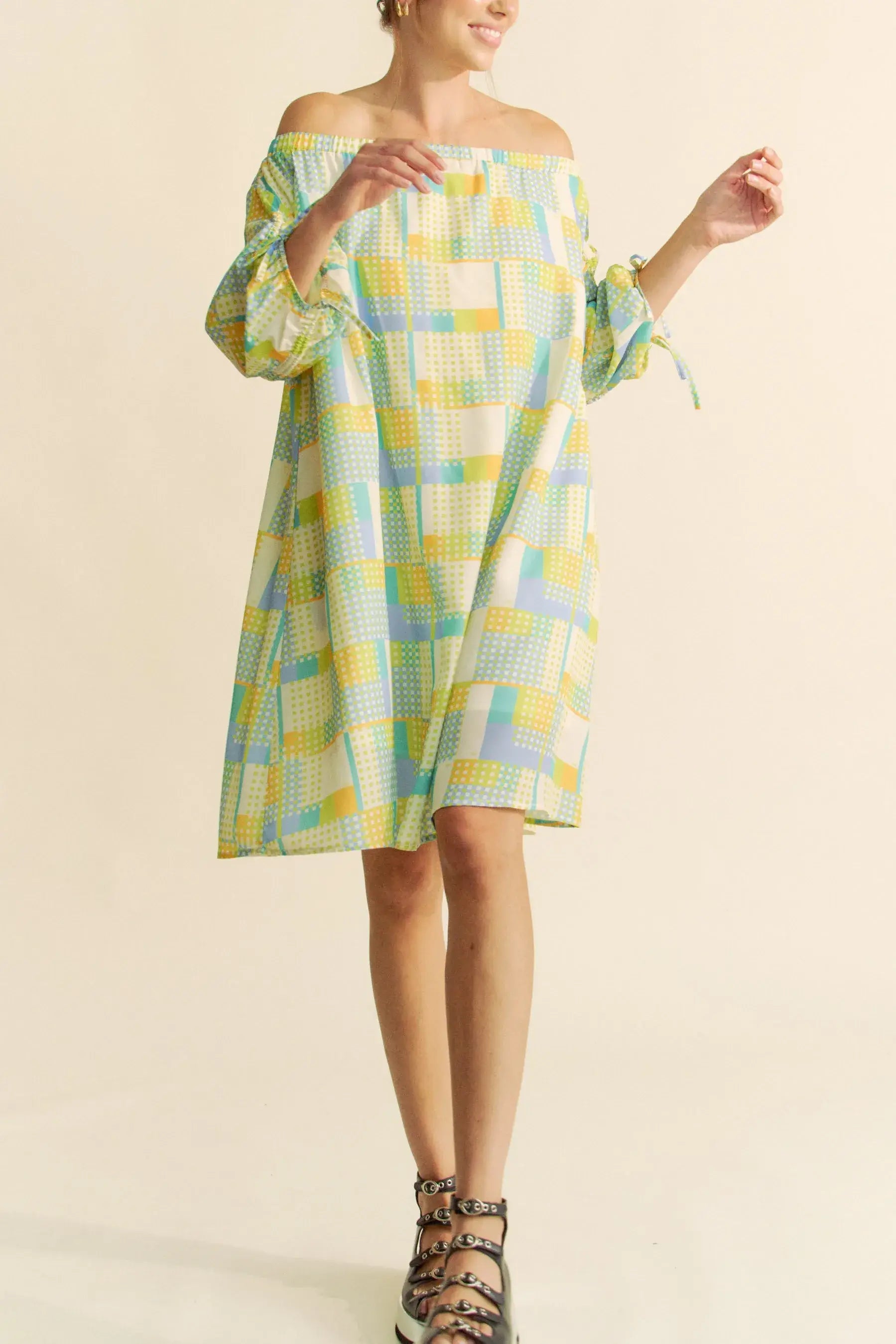 Blue Cream Off Shoulder Mini Dress - Summer Chic, Dresses, $ 55.00, A Moment Of Now™