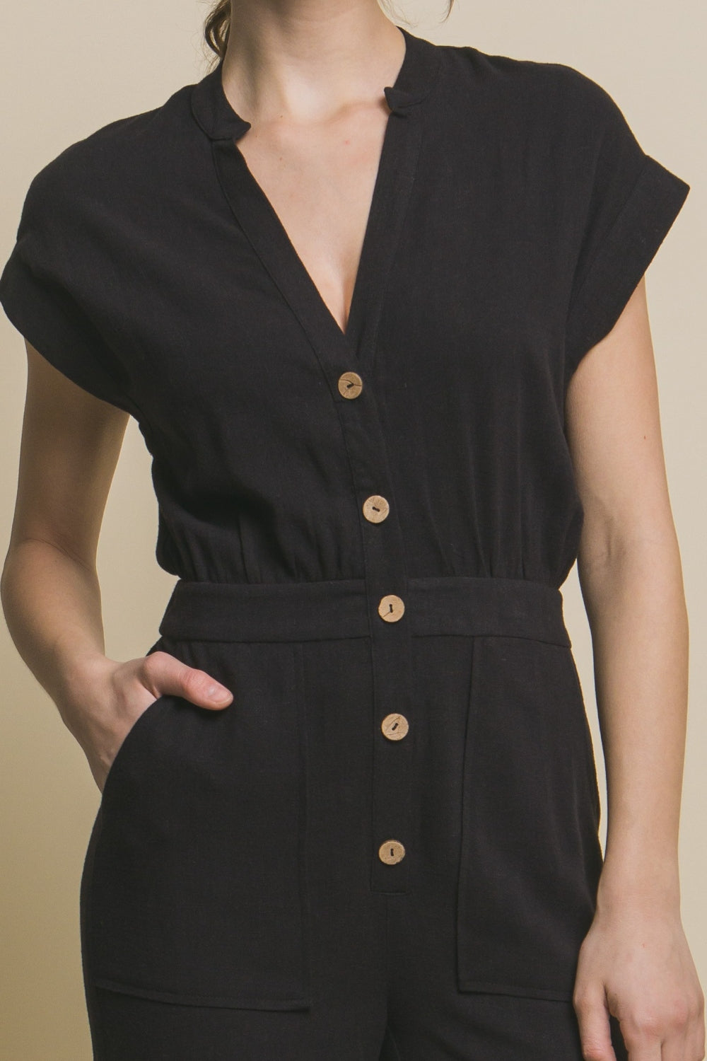 Black Button Up Front Pocket Jumpsuit