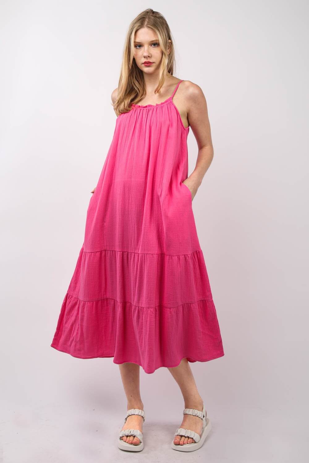 Fuchsia Ruffled A-Line Tired Midi Cami Dress, VERY J, $ 49.00