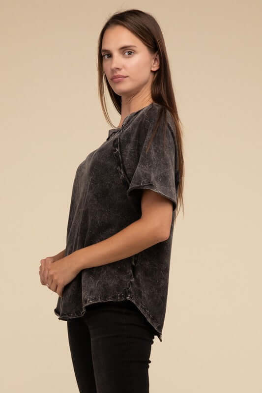 Back Patch Crinkle Washed Raglan Sleeve T-Shirt, ZENANA, $ 27.95