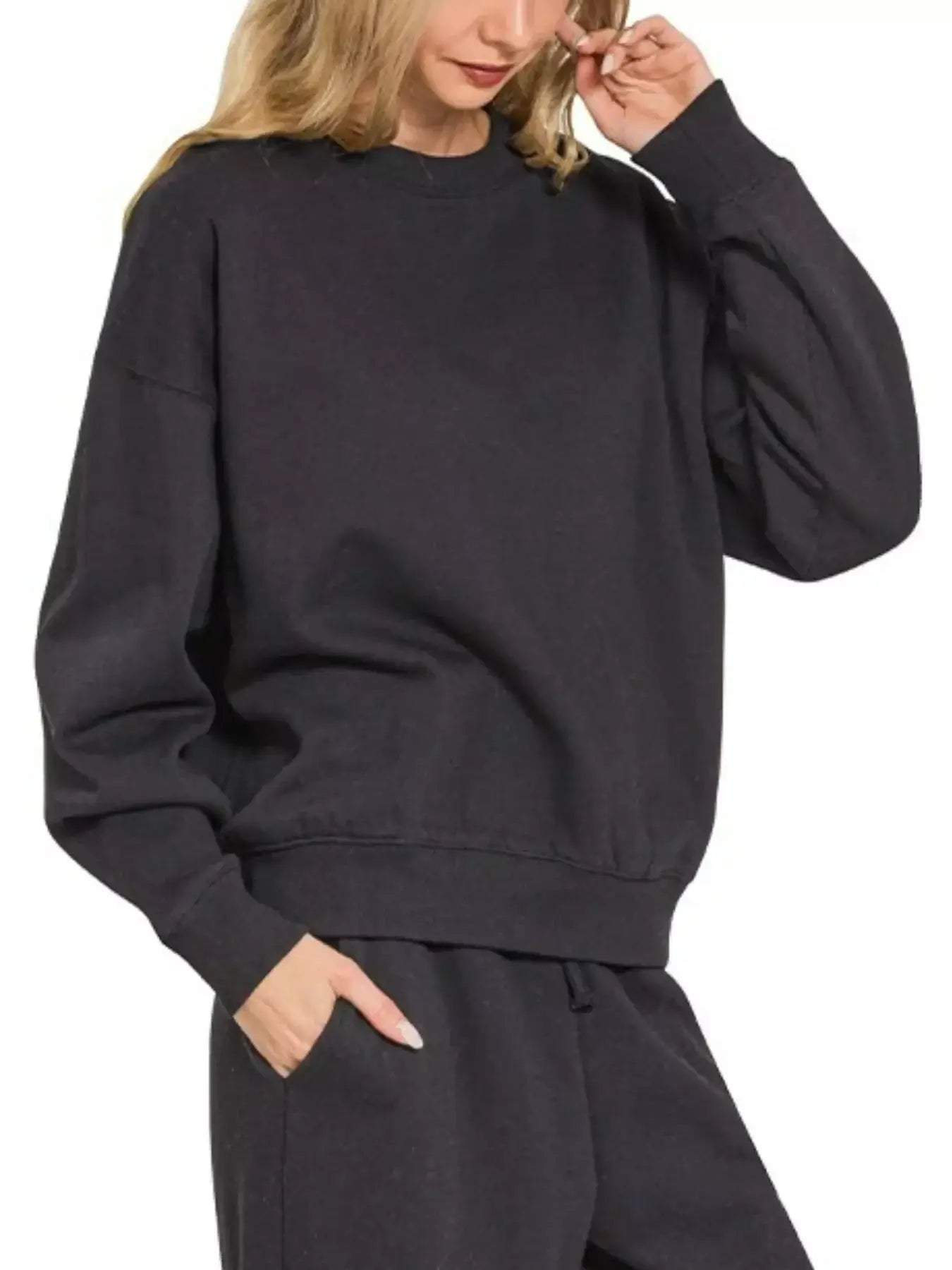 Cozy Black Fleece Long Sleeve Top & Sweatpants Set, Outfit Sets, $ 45.00, A Moment Of Now™