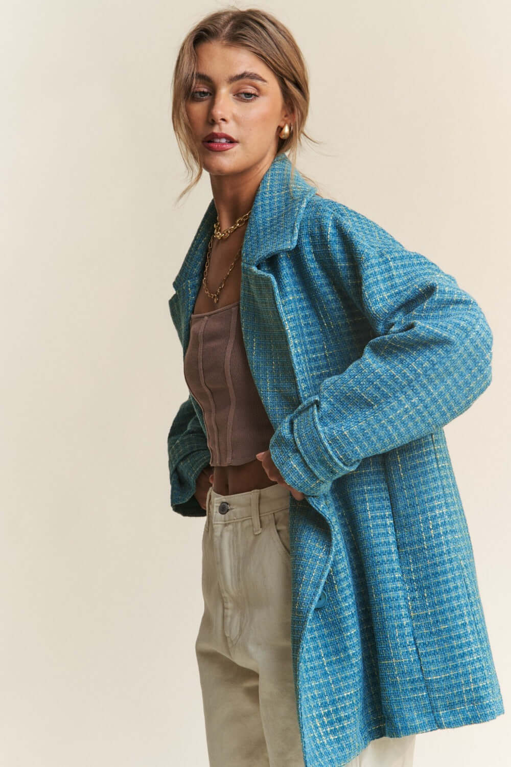 Emerald Sea Teal Tweed Double-Breasted Coat for Elegance, Coats, $ 69.00, A Moment Of Now™