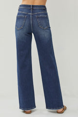 Dark Blue High Rise Distressed Wide Leg Jeans