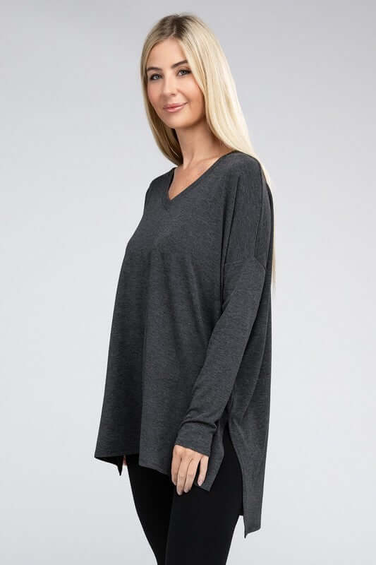 Dolman Long Sleeve V-Neck Side Slit Hi-Low Hem Top, ZENANA, $ 19.00