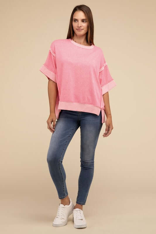 Contrast Trim Top Stitching Drop Shoulder Top, ZENANA, $ 35.95