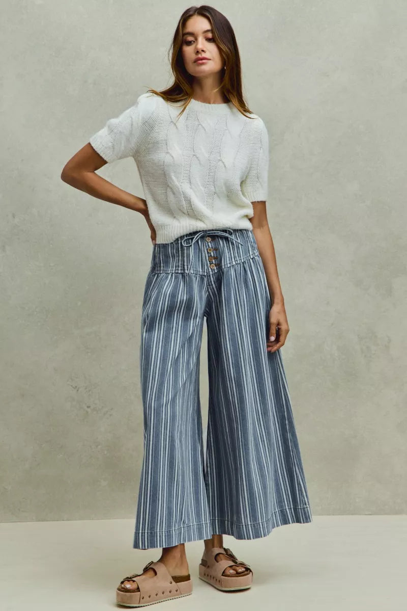SO ME Mid Rise Stripe Denim Washed Pleat Wide Leg Pants, Pants, $ 69.00, A Moment Of Now™