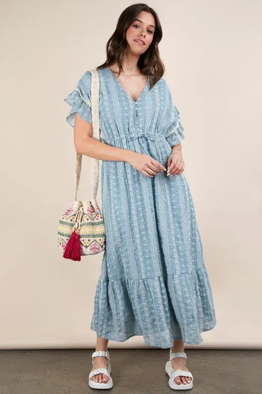Blue Embroidered Boho Ruffled Midi Dress - Effortless Style, Dresses, $ 55.00, A Moment Of Now™