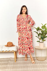 Pink Red Floral Print Frill Trim Flounce Sleeve Plunge Maxi Dress