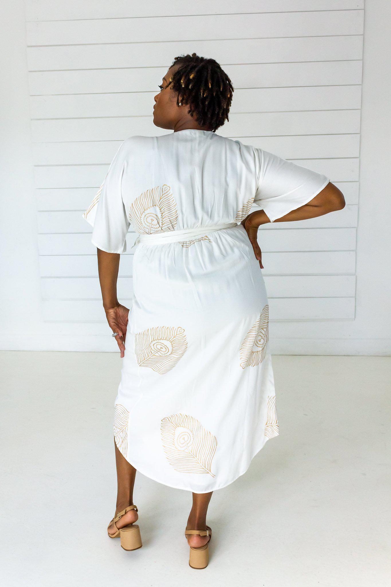 Peacock Maxi Wrap Dress in White + Gold | Boutique In USA, Dresses, $ 180.00, A Moment Of Now™