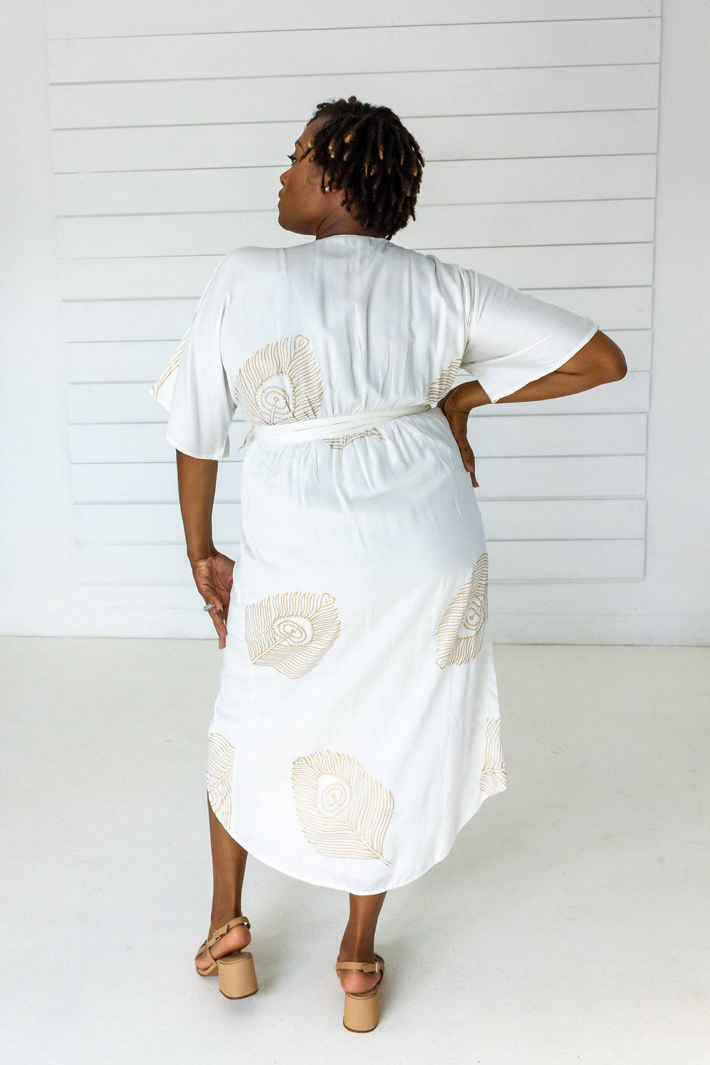Peacock Maxi Wrap Dress in White + Gold | Boutique In USA, Dresses, $ 180.00, A Moment Of Now™